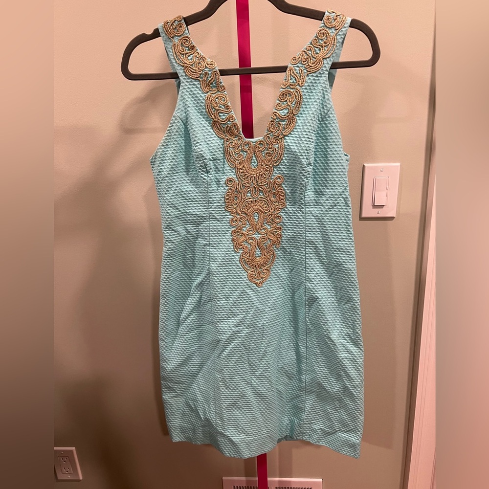 Lilly Pulitzer NWOT Bentley shift dress aqua cotton with gold cord embroidery. - Picture 4 of 6
